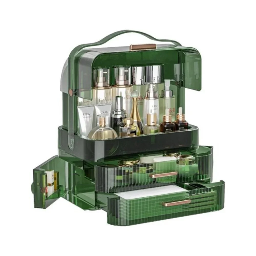 Clear Green Cosmetics Storage Box, Large Portable Waterproof Organizer with Lid